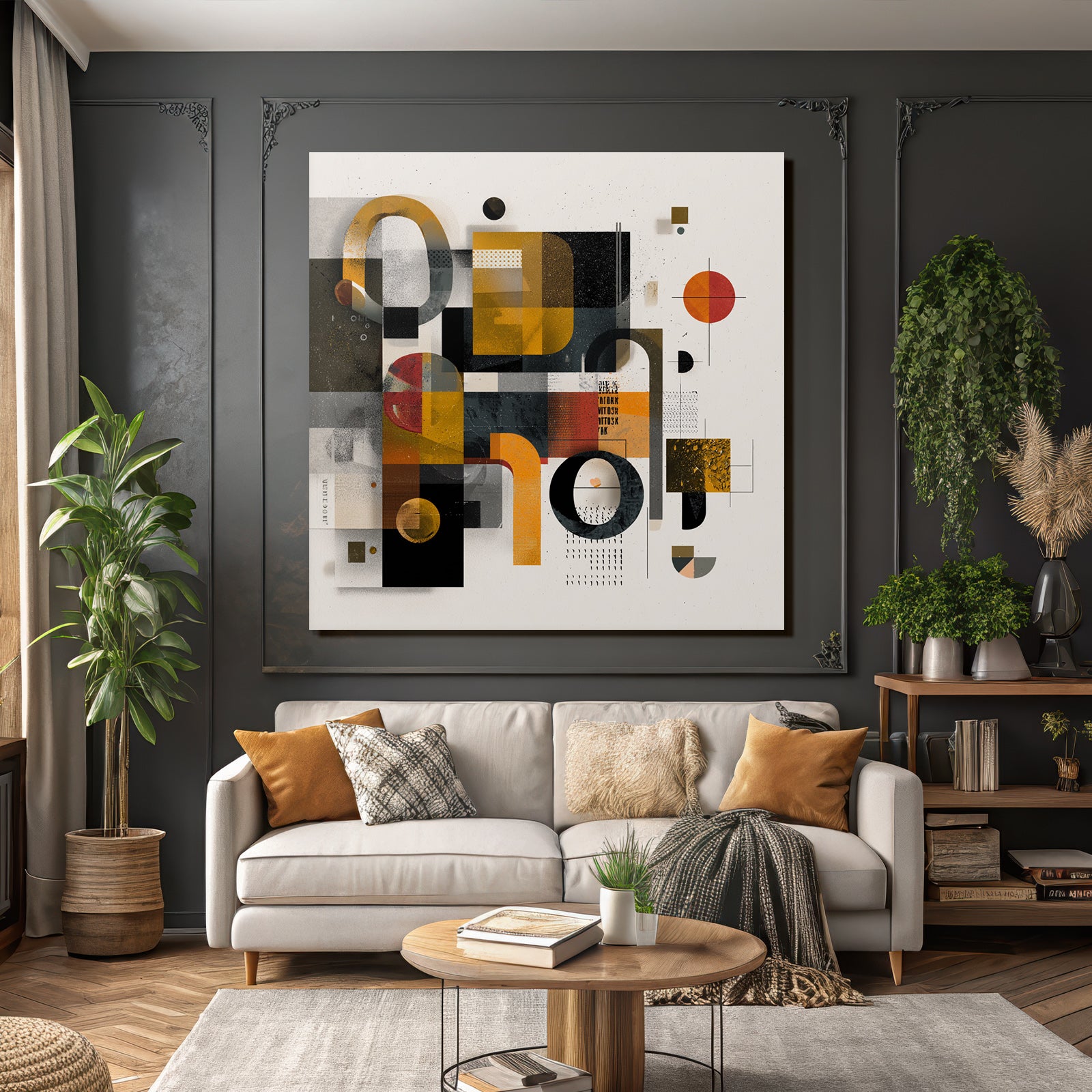 Abstract Geometric Composition Orange Black Grey