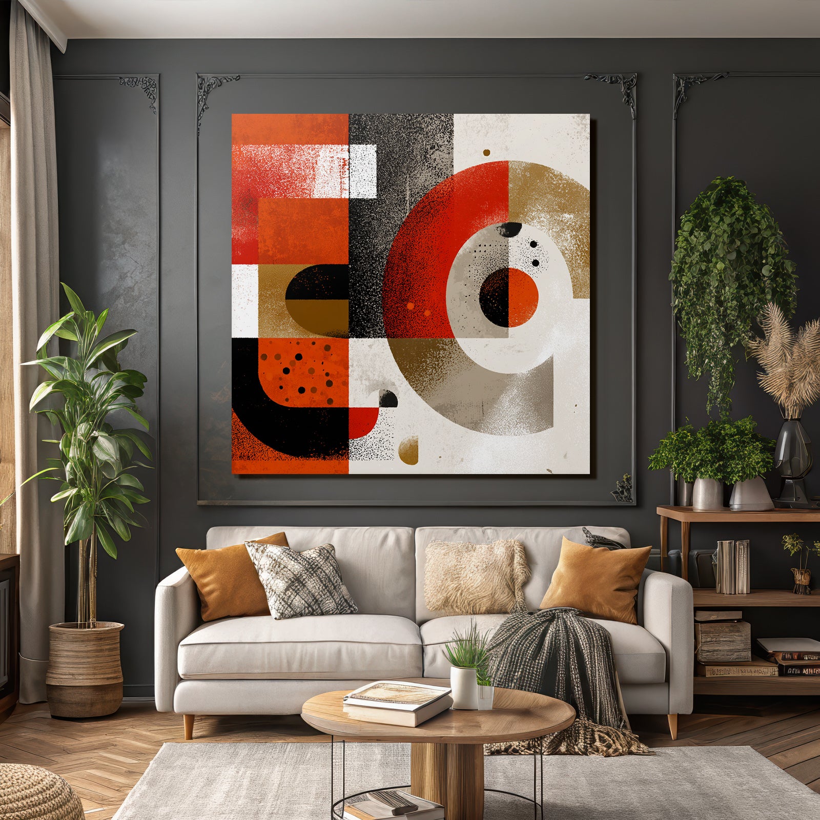 Abstraktes Kunstwerk Geometrische Formen Rot Schwarz Ein Gelb