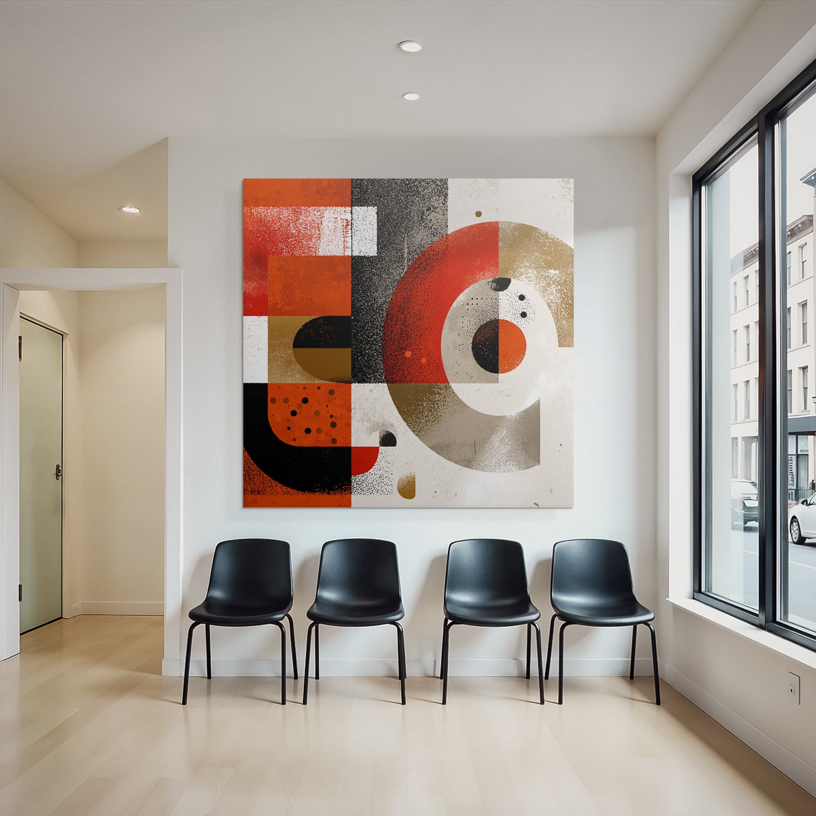 Abstraktes Kunstwerk Geometrische Formen Rot Schwarz Ein Gelb