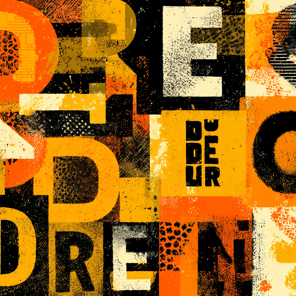 Bold Stilisiertes Lettering Collage Gelb Orange Schwarz | Typografische Kunst | Kunstgattungen
