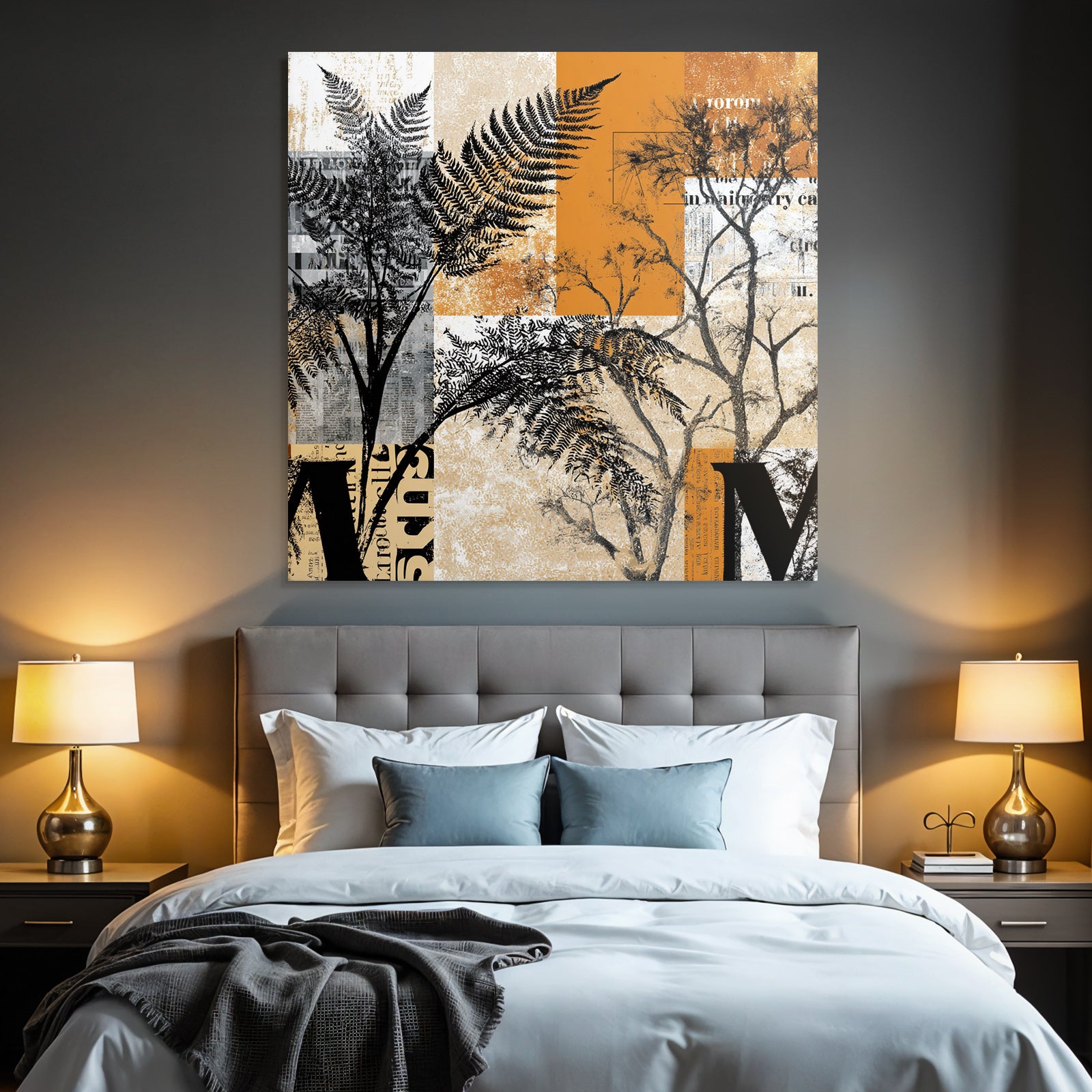 Botanische Grafik Mit Farnen Und Bäumen Orange Grau Und Creme