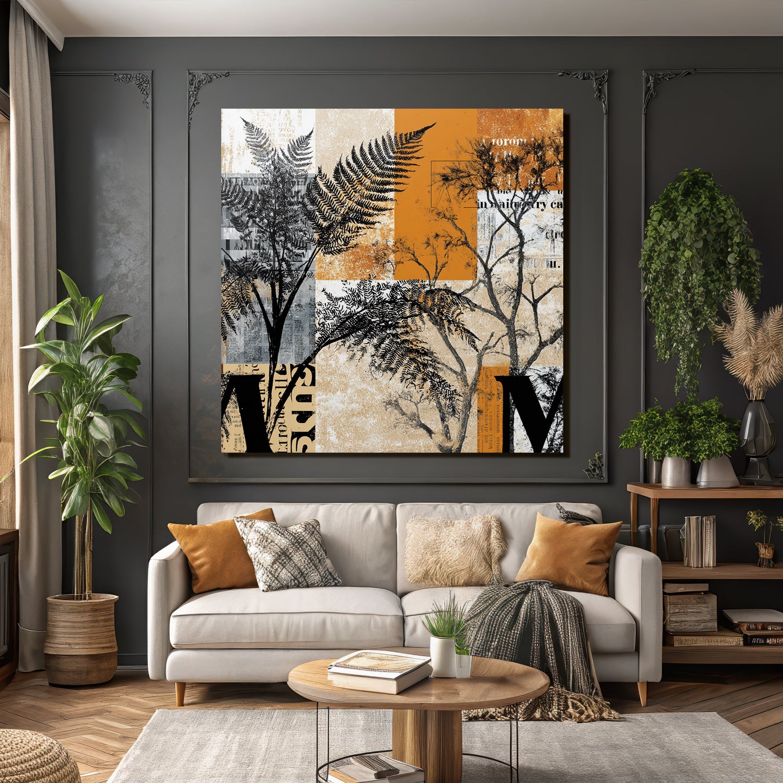 Botanische Grafik Mit Farnen Und Bäumen Orange Grau Und Creme