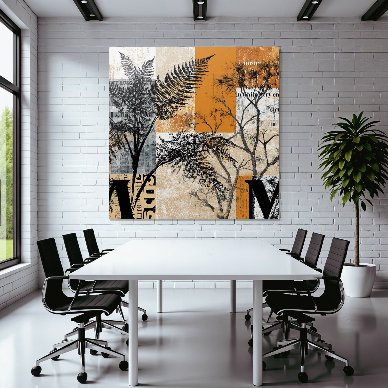 Botanische Grafik Mit Farnen Und Bäumen Orange Grau Und Creme