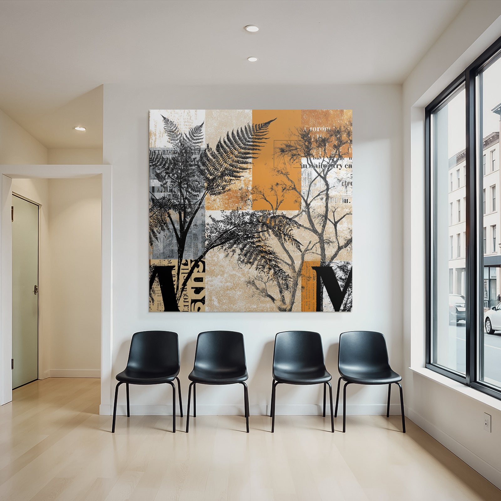 Botanische Grafik Mit Farnen Und Bäumen Orange Grau Und Creme