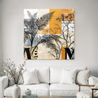 Botanische Grafik Mit Farnen Und Bäumen Orange Grau Und Creme