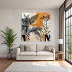 Botanische Grafik Mit Farnen Und Bäumen Orange Grau Und Creme