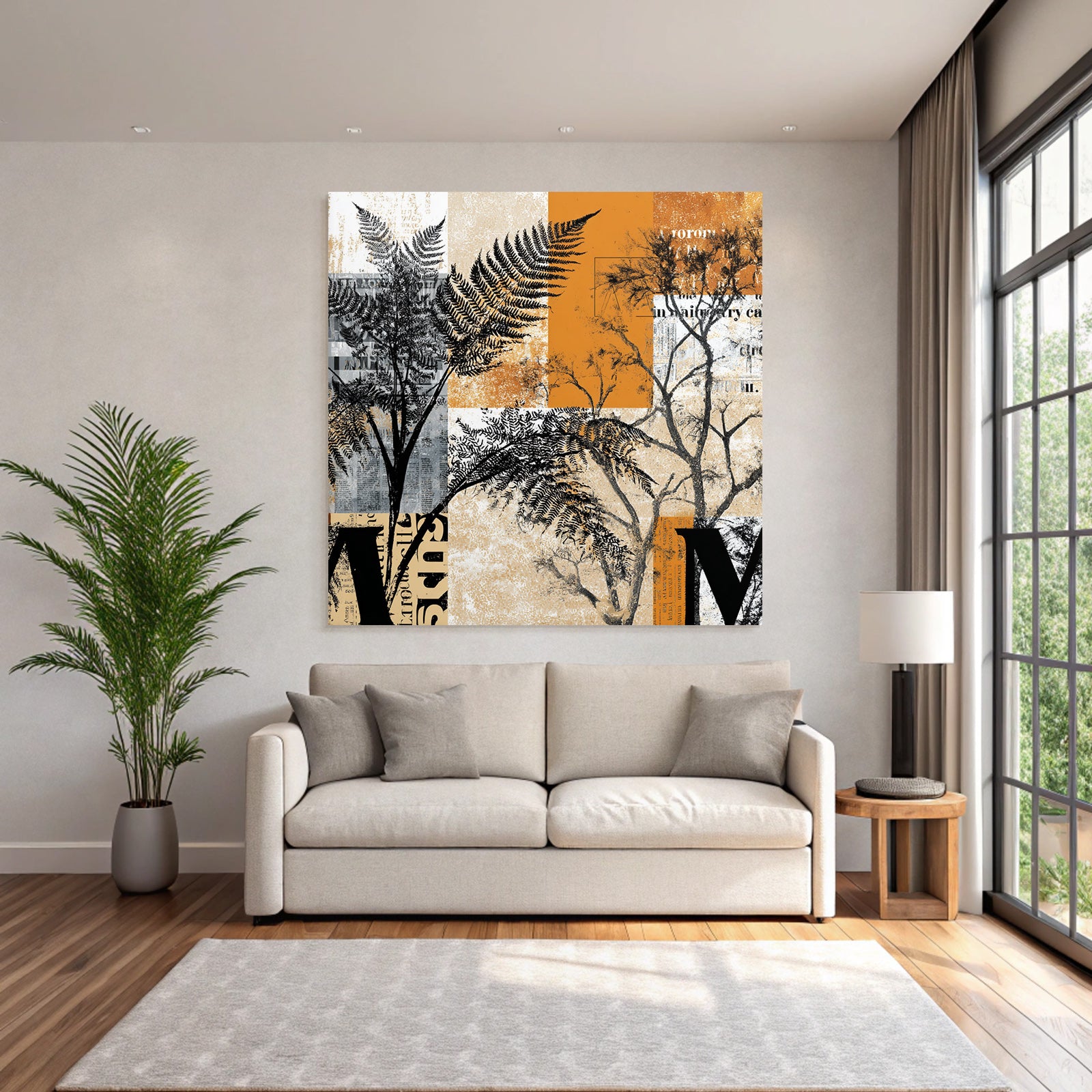 Botanische Grafik Mit Farnen Und Bäumen Orange Grau Und Creme