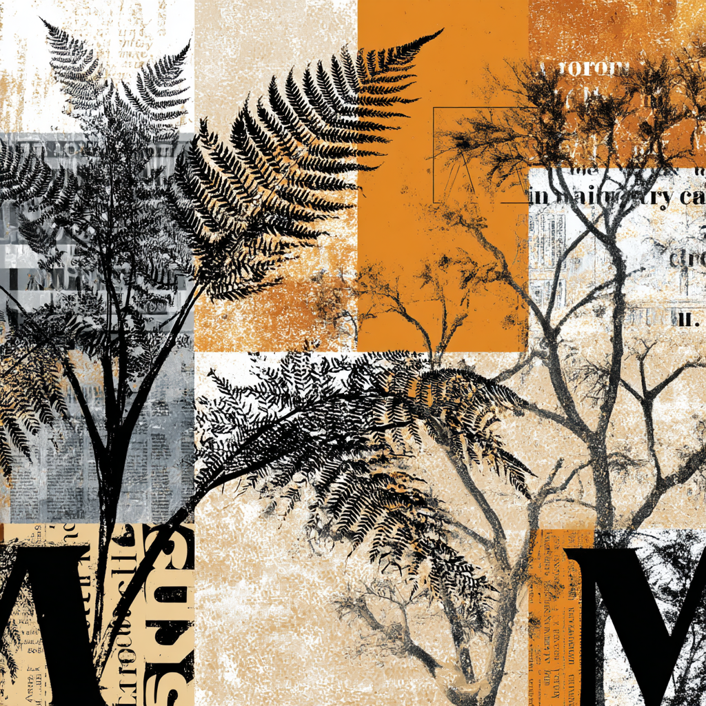 Botanische Grafik Mit Farnen Und Bäumen Orange Grau Und Creme | Typografische Kunst | Kunstgattungen