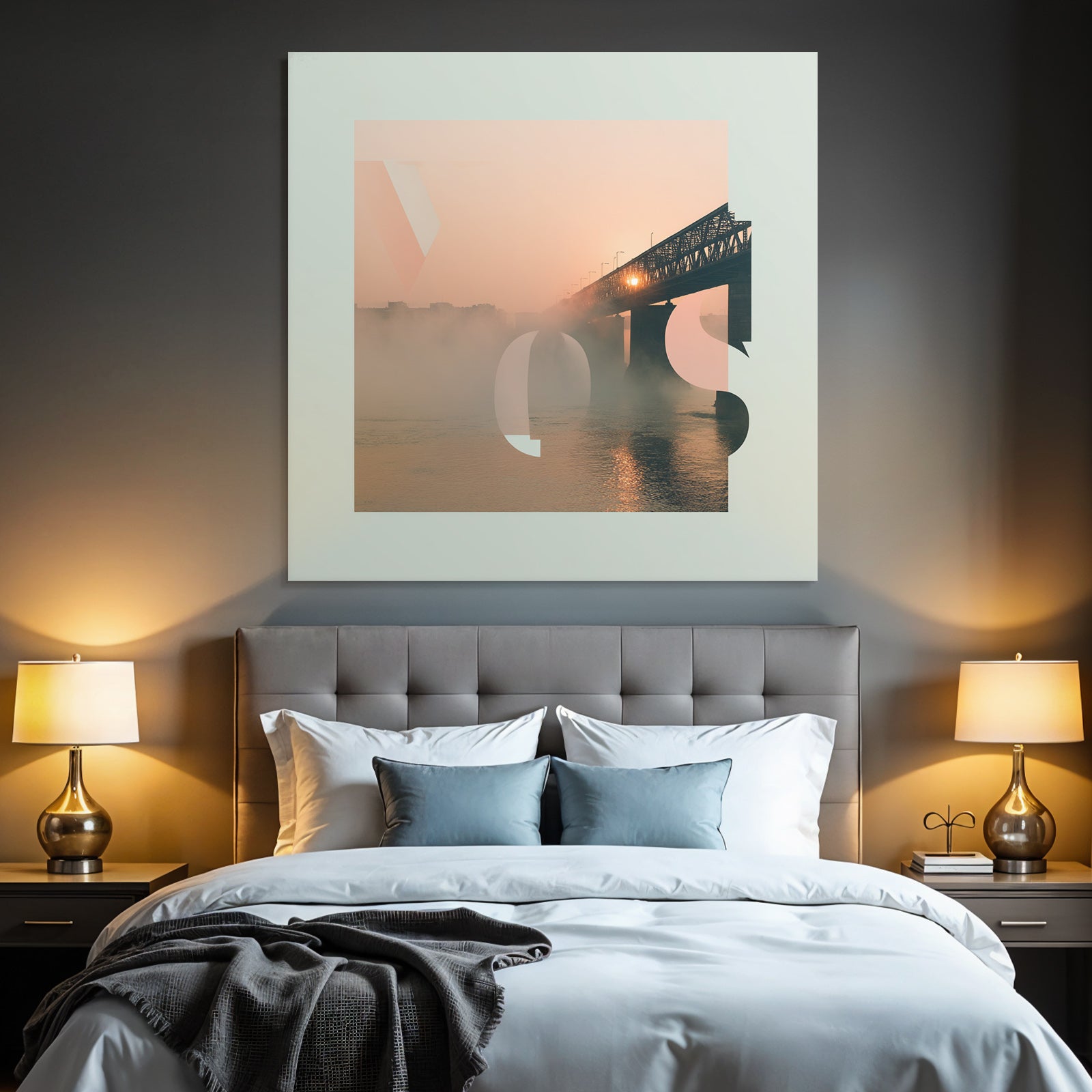 River landscape sunrise bridge geometric graphic