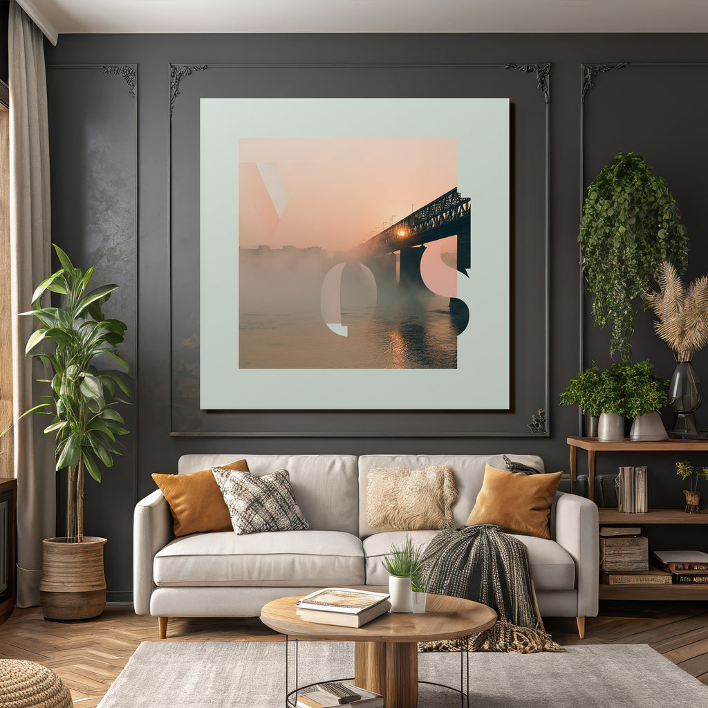 River landscape sunrise bridge geometric graphic