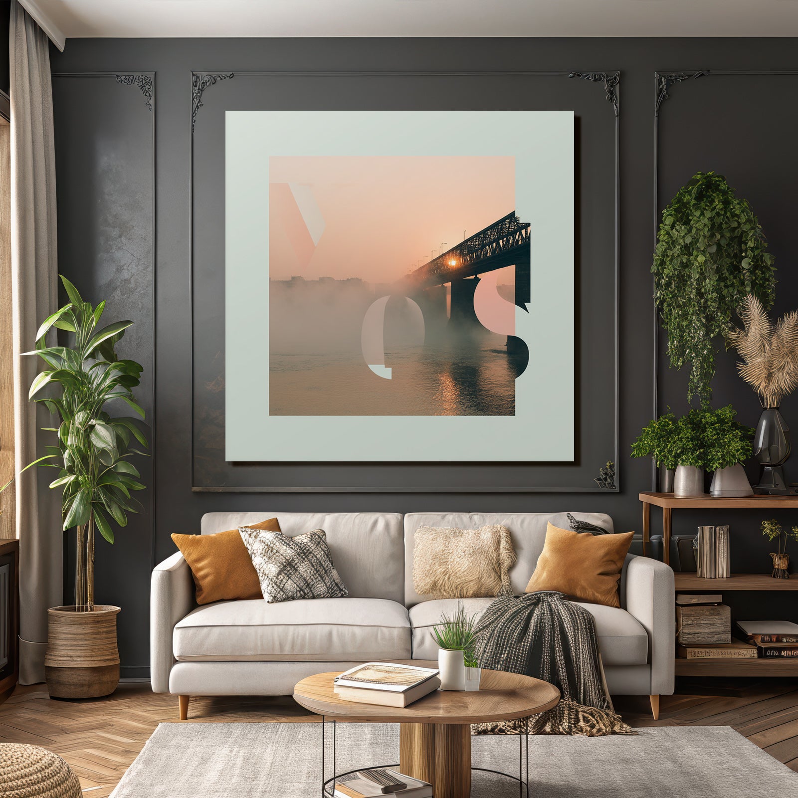 River landscape sunrise bridge geometric graphic