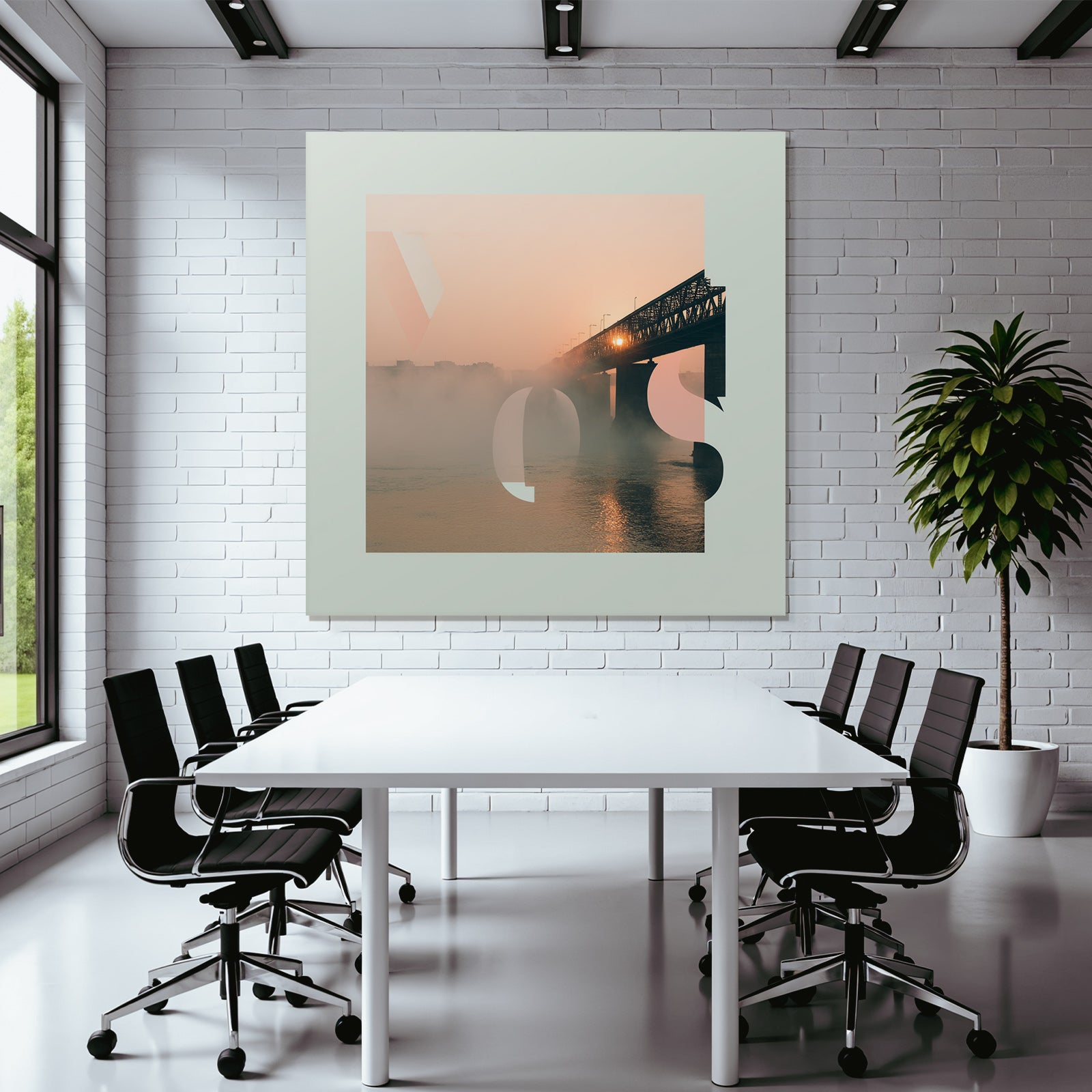 River landscape sunrise bridge geometric graphic