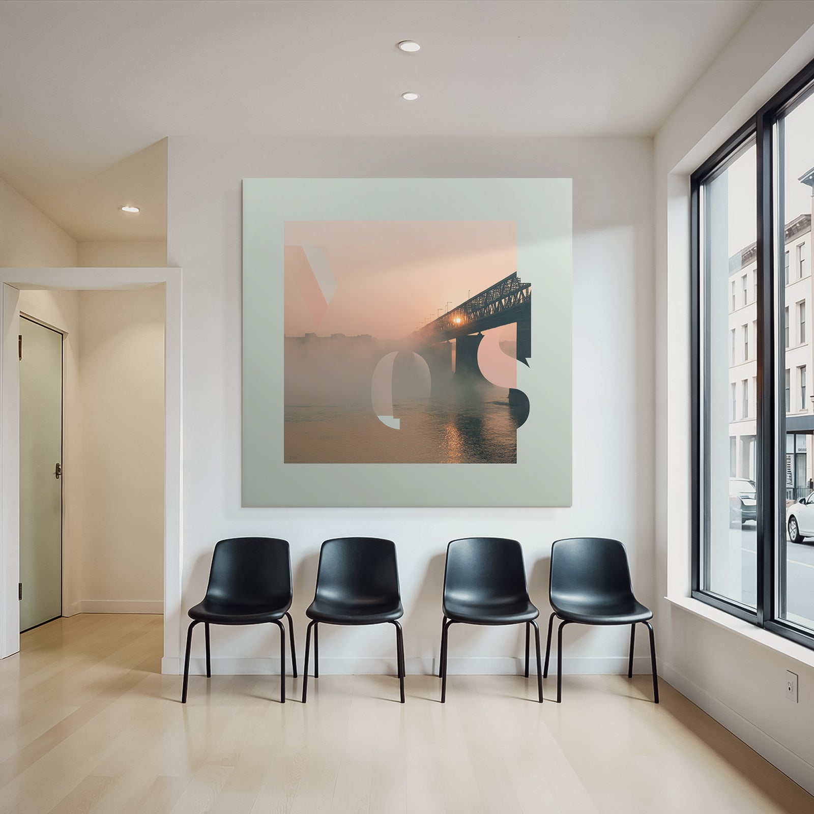 River landscape sunrise bridge geometric graphic