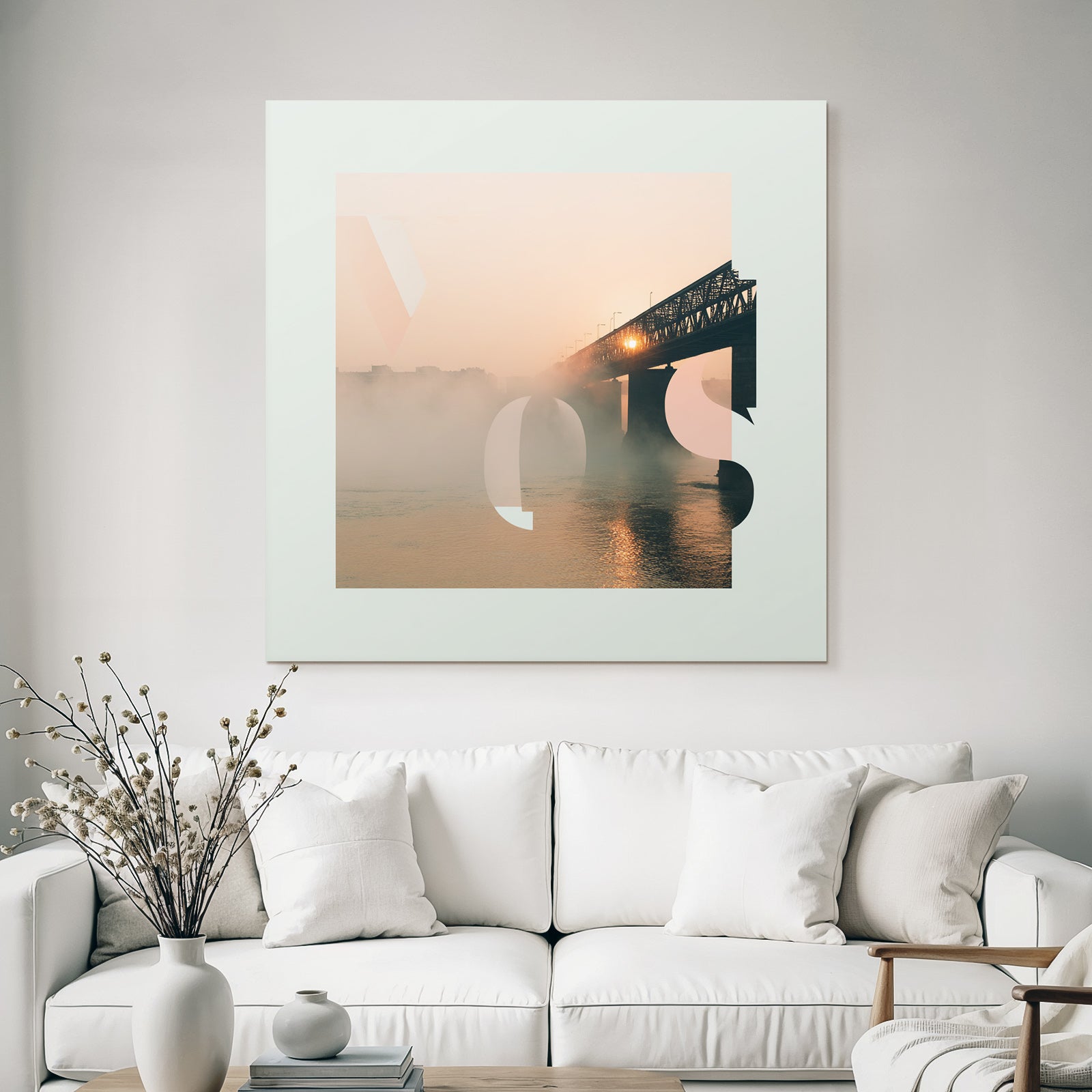 River landscape sunrise bridge geometric graphic
