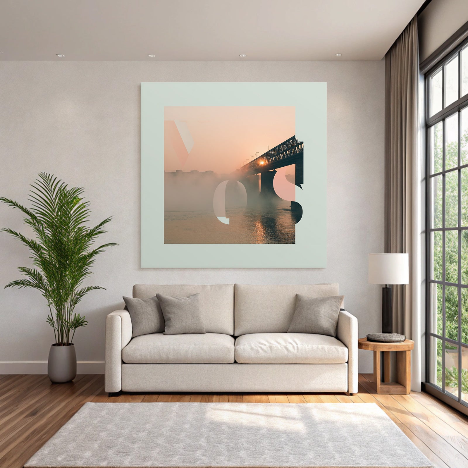 River landscape sunrise bridge geometric graphic