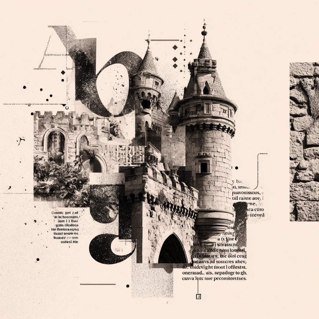 Kreative Collage Architektonische Elemente Burg Mit Türmen | Typografische Kunst | Kunstgattungen