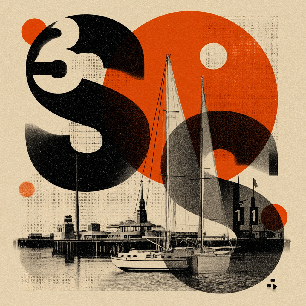 Maritimes Design Sailboats Gebäude Waßer Orange Schwarz Weiß | Typografische Kunst | Kunstgattungen