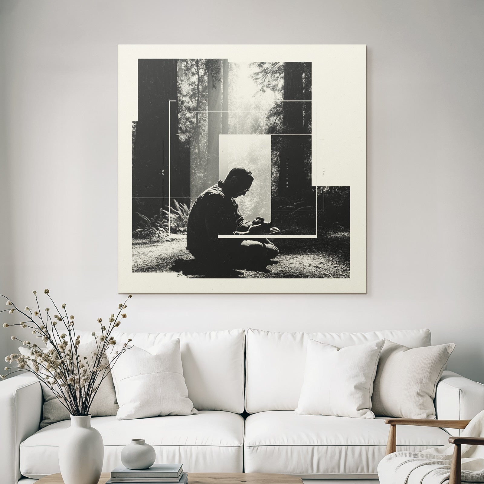 Person in the forest photographing or writing with geometric shapes BW