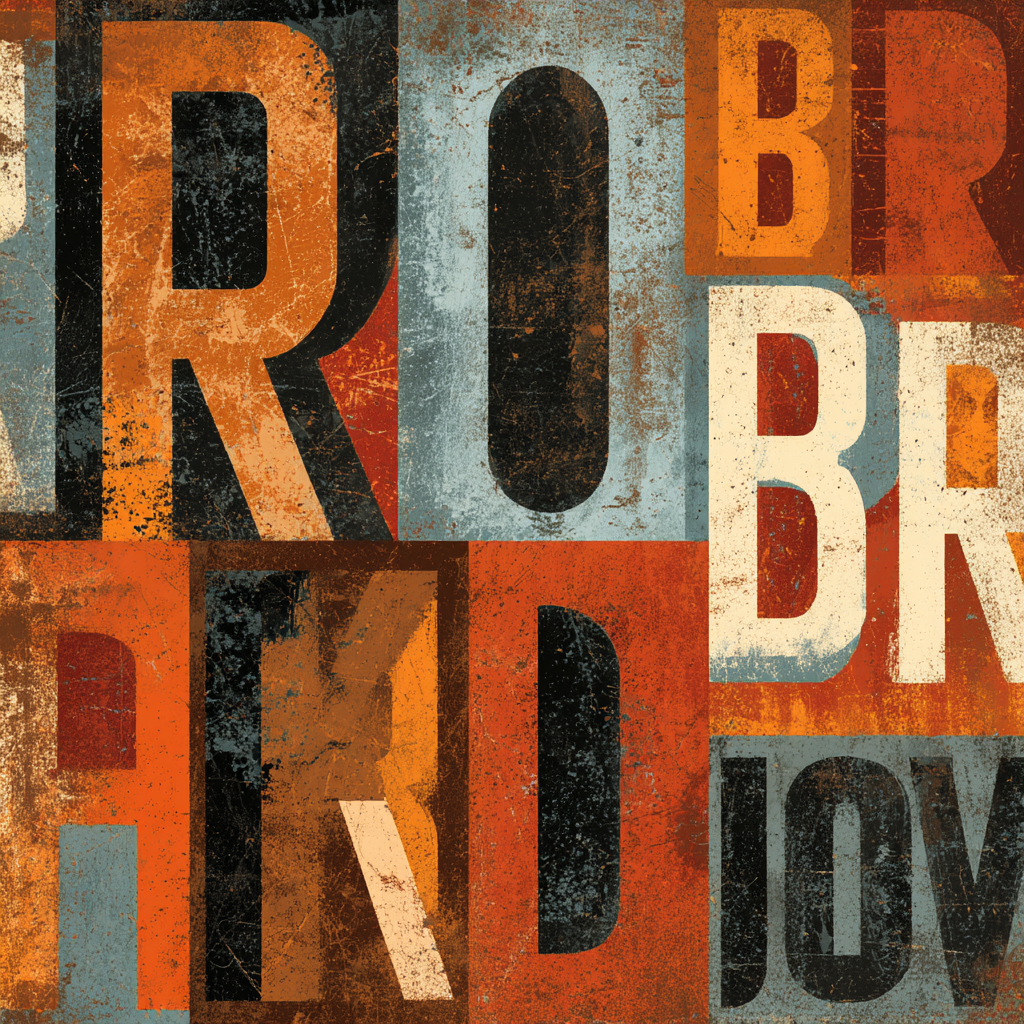 Retro Collage Buchstabenformen Orange Schwarz Muted Ton | Typografische Kunst | Kunstgattungen