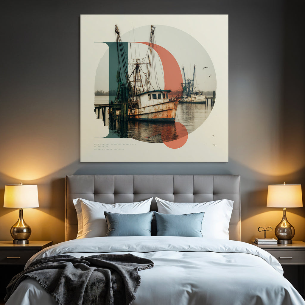 Rustic Fishing Boats Dock In Water With Geometric Shapes