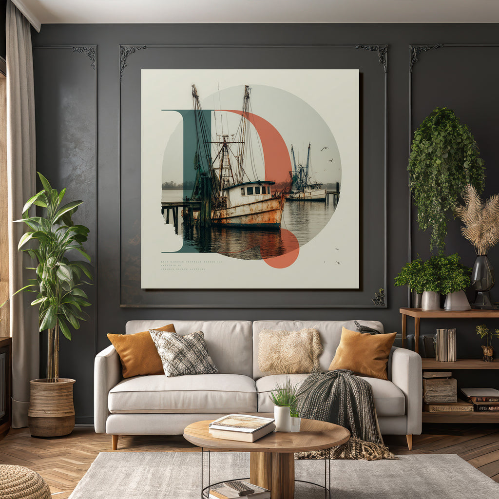 Rustic Fishing Boats Dock In Water With Geometric Shapes
