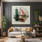Rustic Fishing Boats Dock In Water With Geometric Shapes