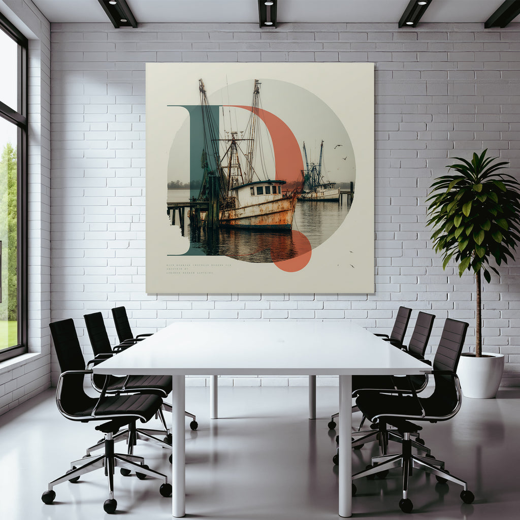 Rustic Fishing Boats Dock In Water With Geometric Shapes