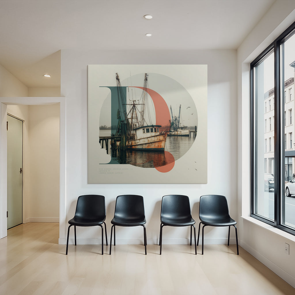 Rustic Fishing Boats Dock In Water With Geometric Shapes