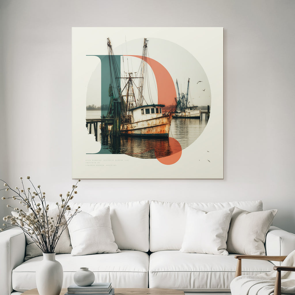 Rustic Fishing Boats Dock In Water With Geometric Shapes