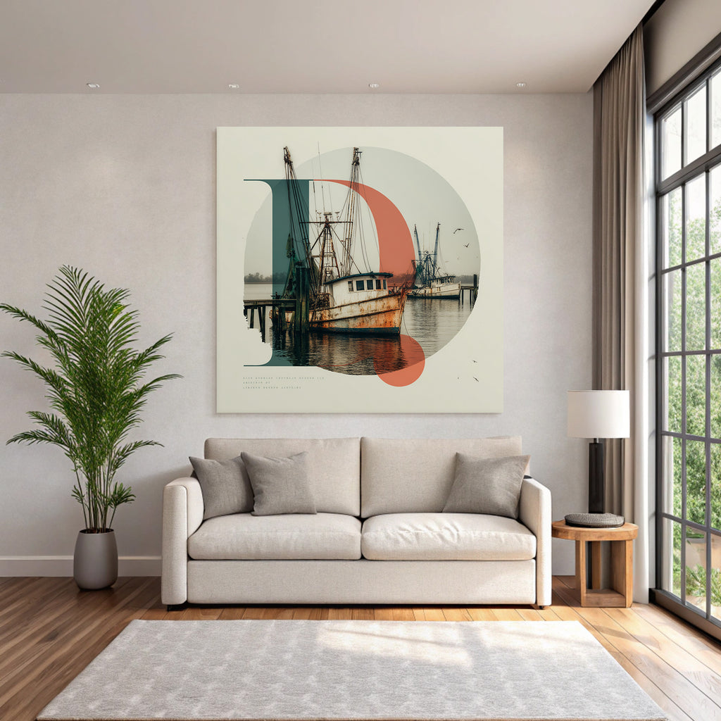 Rustic Fishing Boats Dock In Water With Geometric Shapes