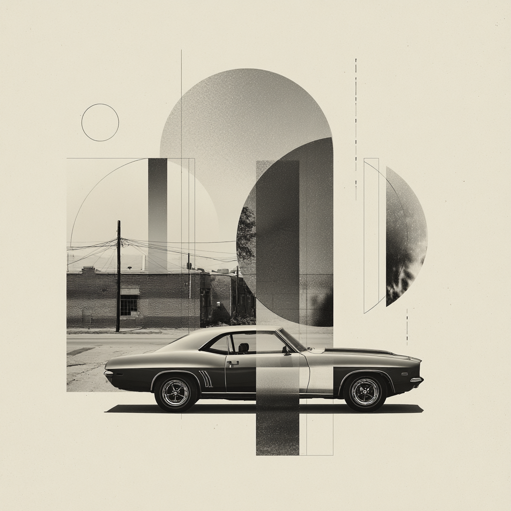 Vintage Auto Muscle Car Geometrische Abstraktion Monochrom | Typografische Kunst | Kunstgattungen