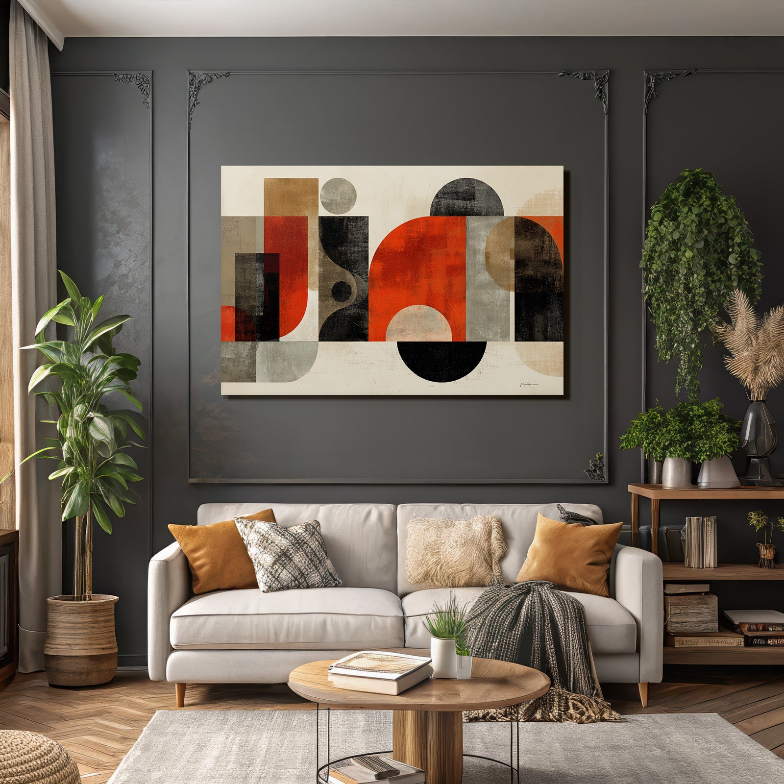 Abstrakte Geometrische Komposition Moderner Stil Rot Schwarz Braun Graufarben
