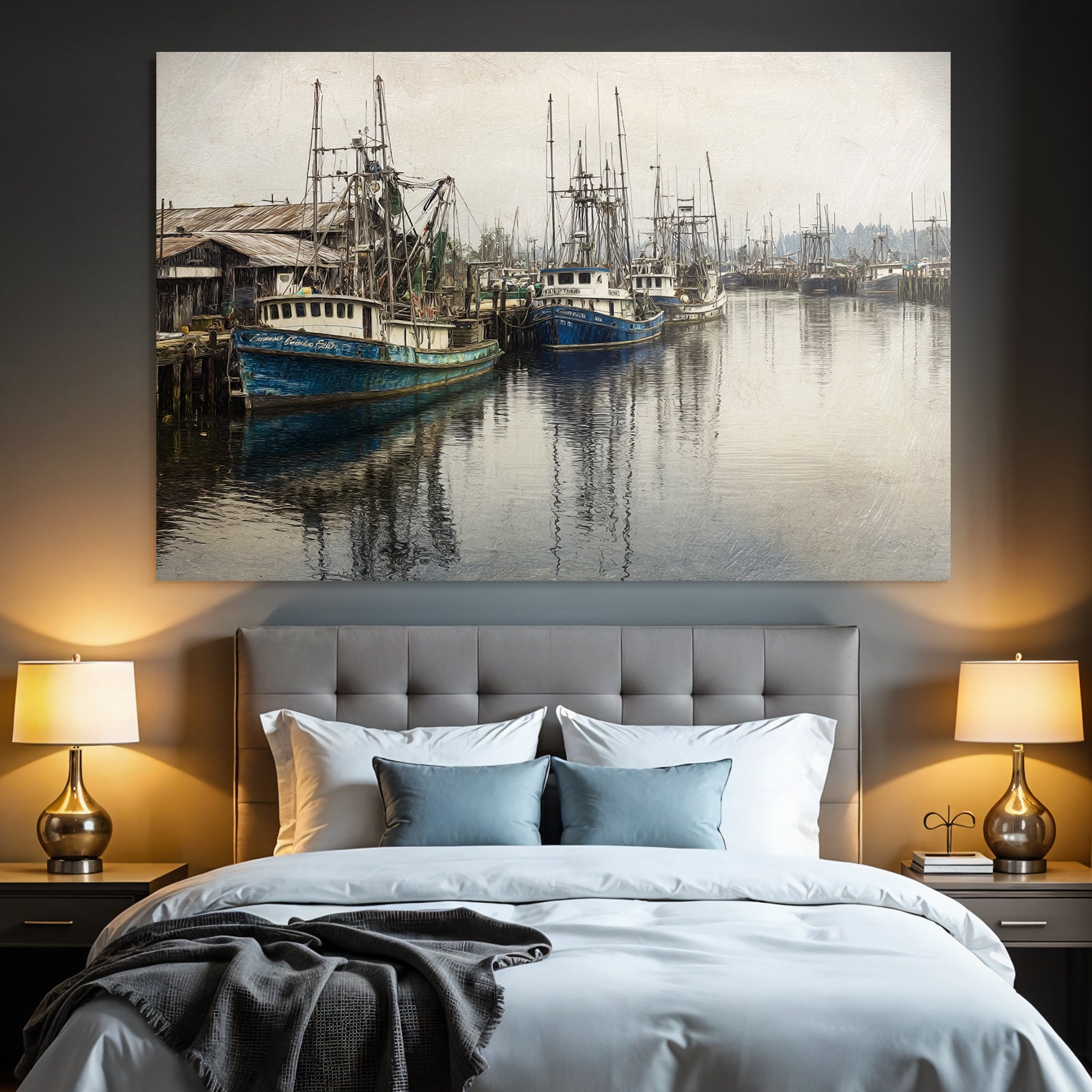 Fishing Harbor Boats Moored Reflections Overcast Environment