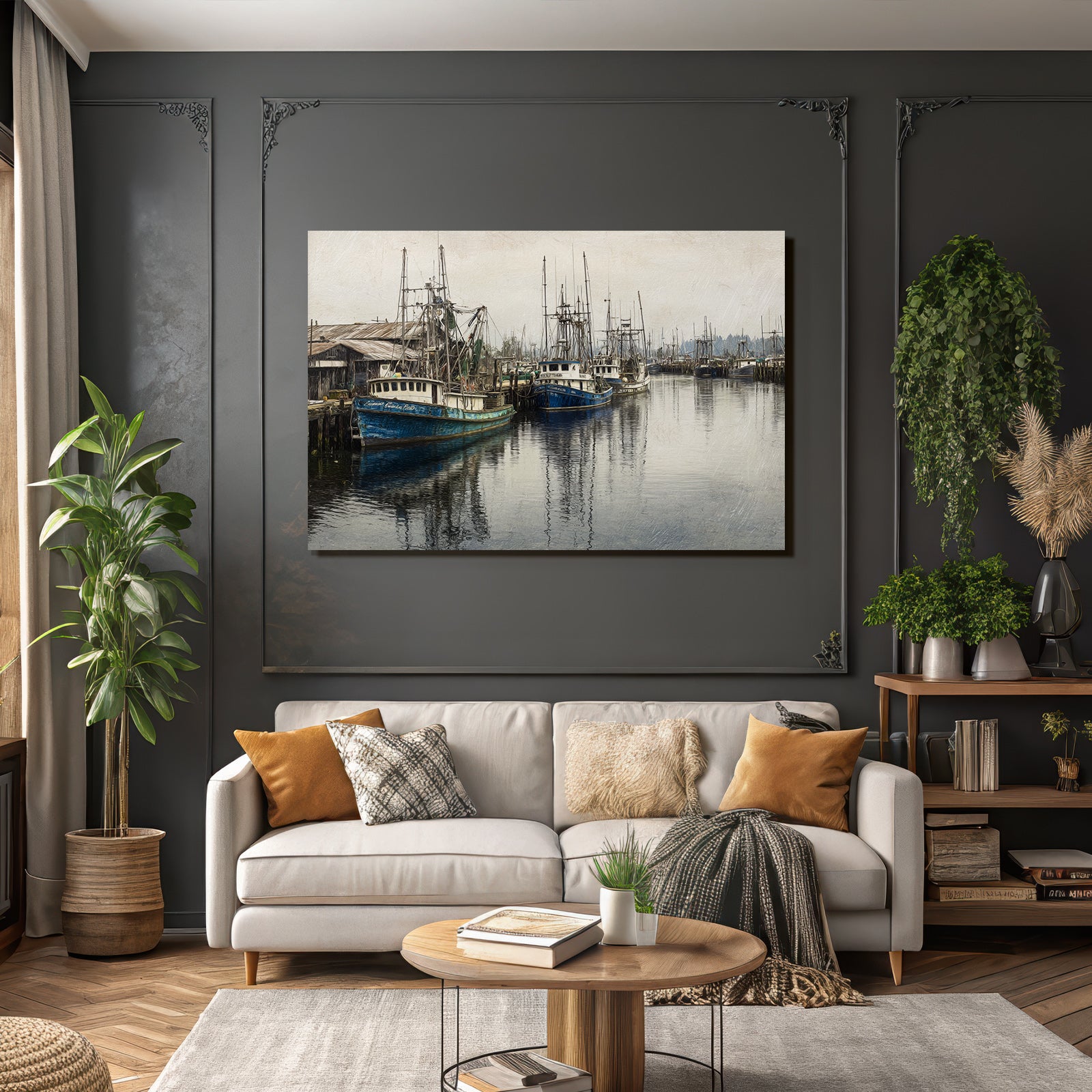 Fishing Harbor Boats Moored Reflections Overcast Environment