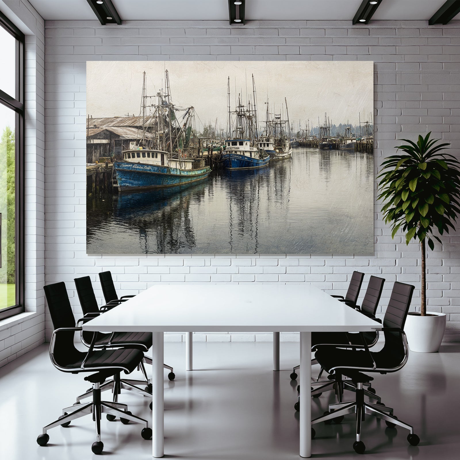 Fishing Harbor Boats Moored Reflections Overcast Environment