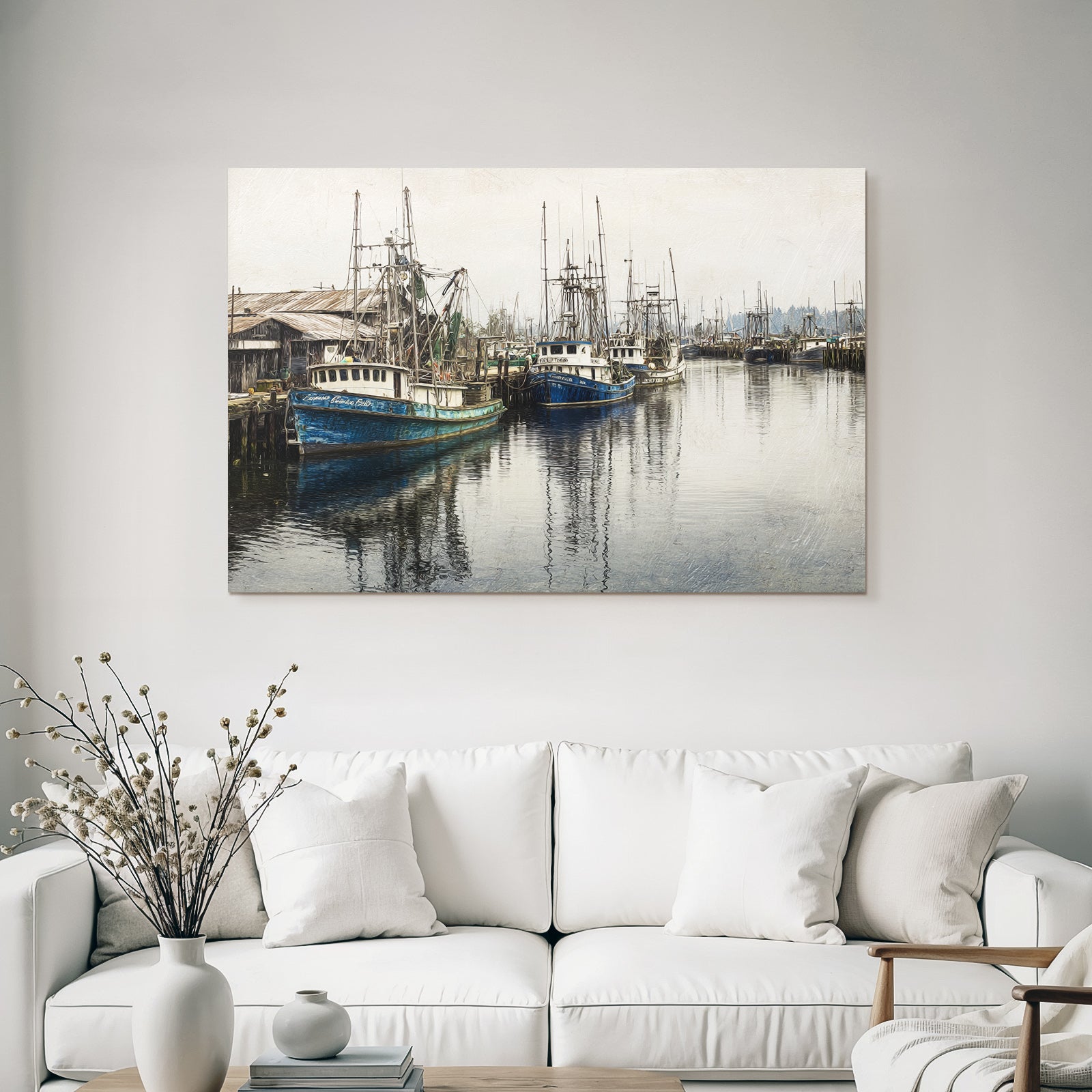 Fishing Harbor Boats Moored Reflections Overcast Environment
