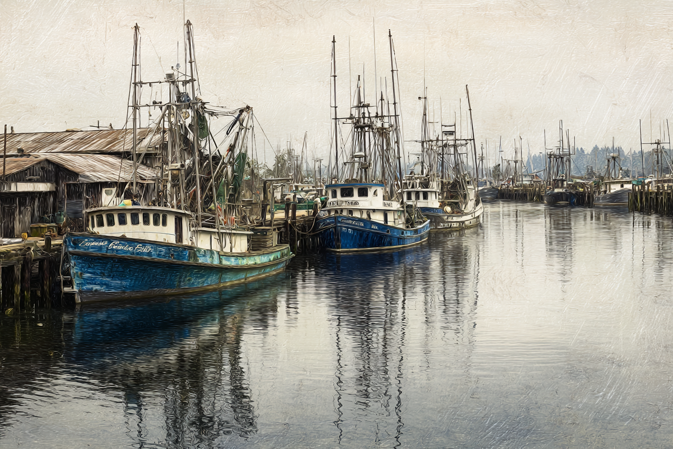 Fishing Harbor Boats Moored Reflections Overcast Environment | Typografische Kunst | Kunstgattungen