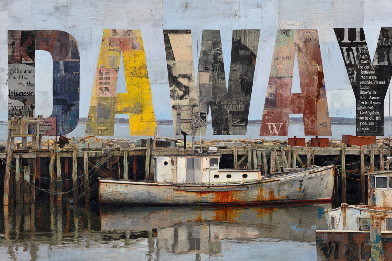Hafen Szene Mit Booten Und Pier Collage Stil | Typografische Kunst | Kunstgattungen