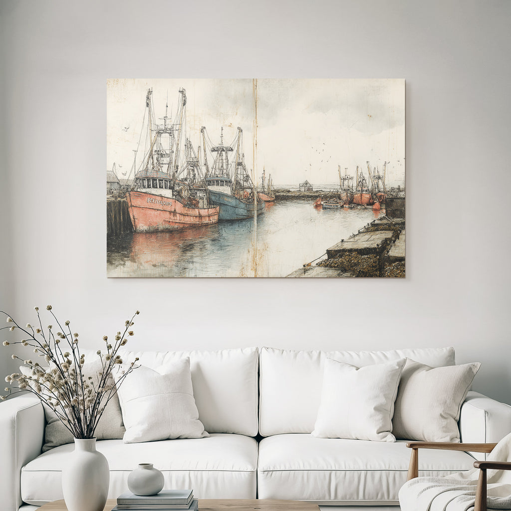 Hafen Szenen Mit Fischerbooten Illustration Drawing Painting