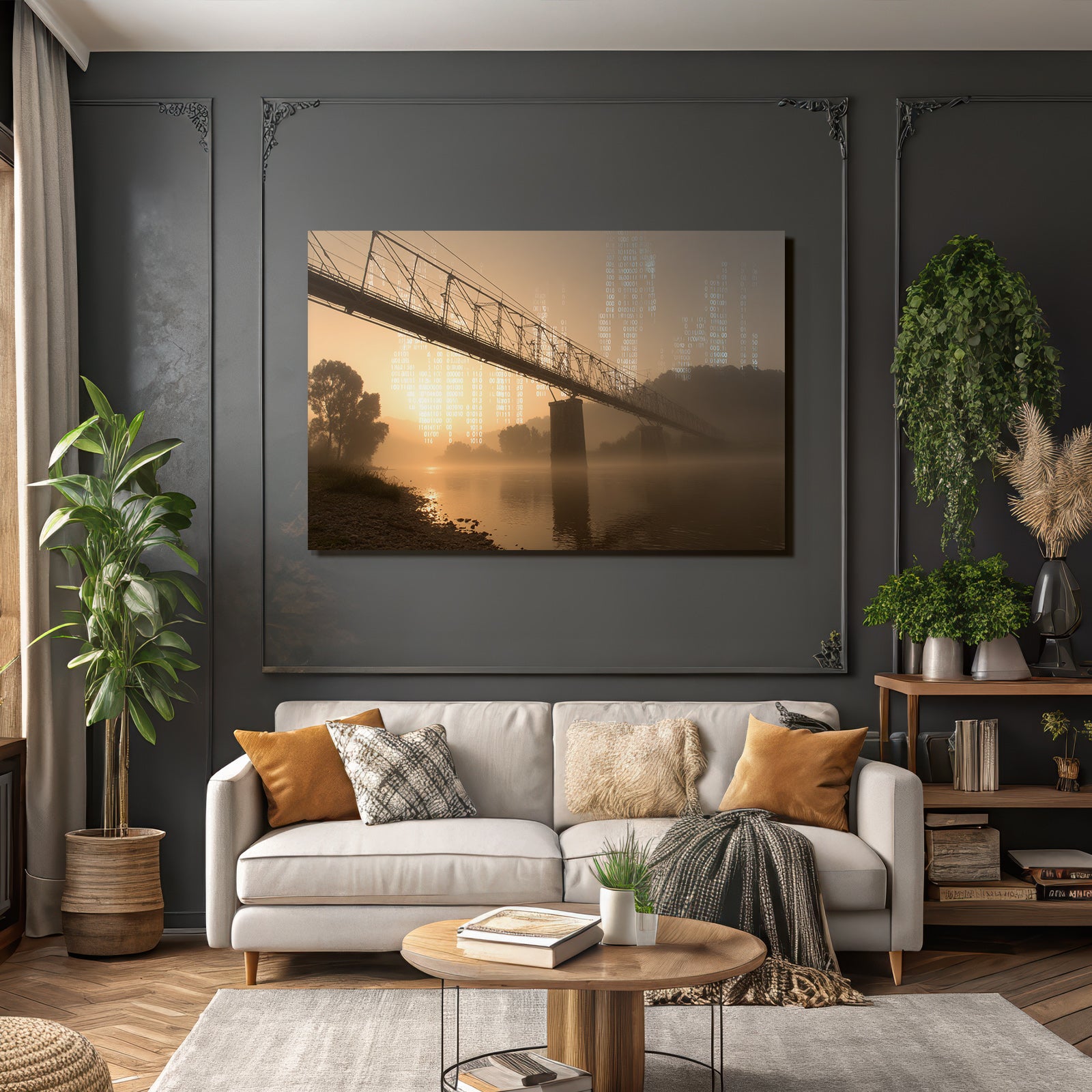 Mistige Landschaft Brücke Über Waßer Technologie Fusion