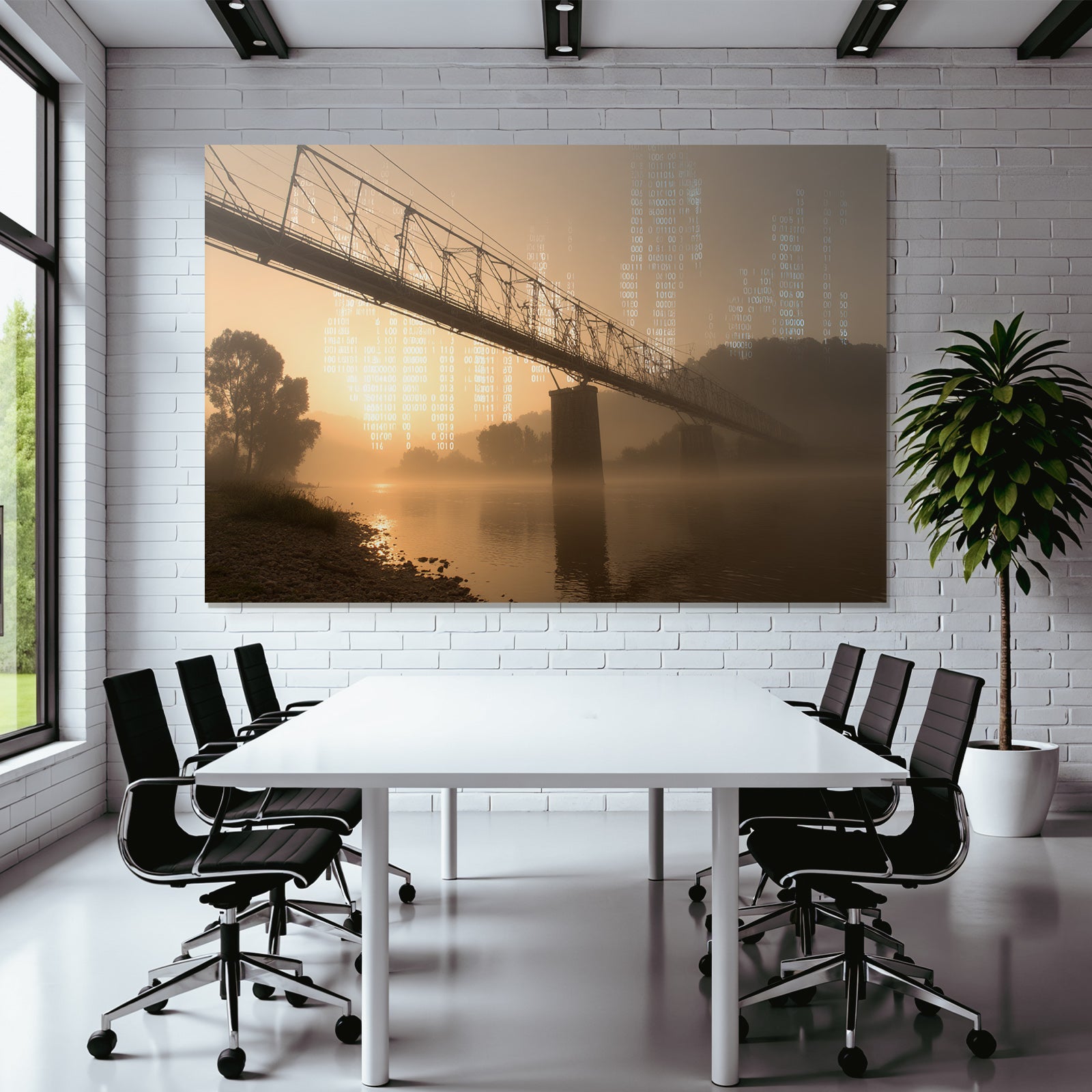 Mistige Landschaft Brücke Über Waßer Technologie Fusion