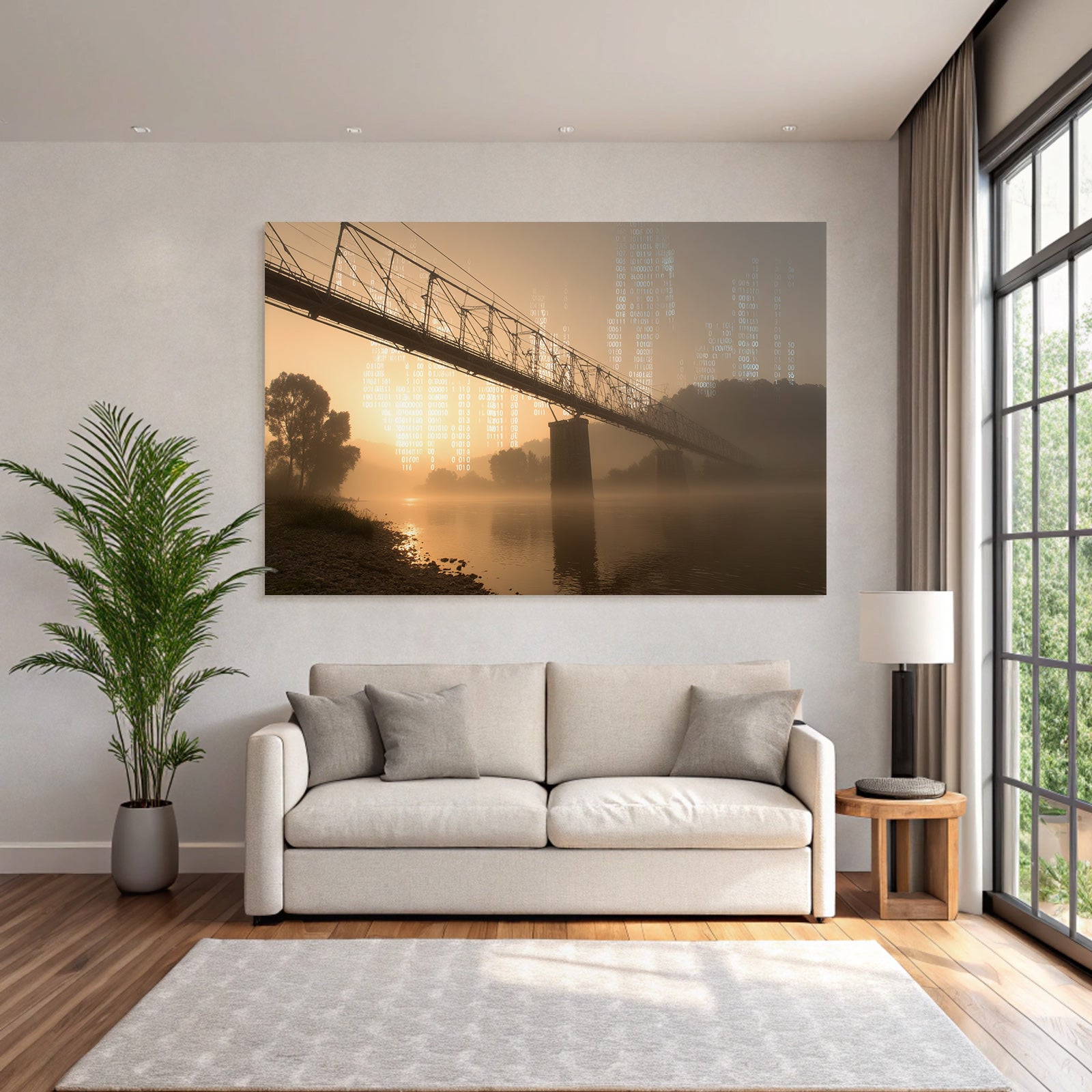 Mistige Landschaft Brücke Über Waßer Technologie Fusion