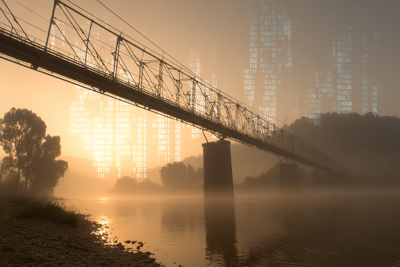 Mistige Landschaft Brücke Über Waßer Technologie Fusion | Typografische Kunst | Kunstgattungen