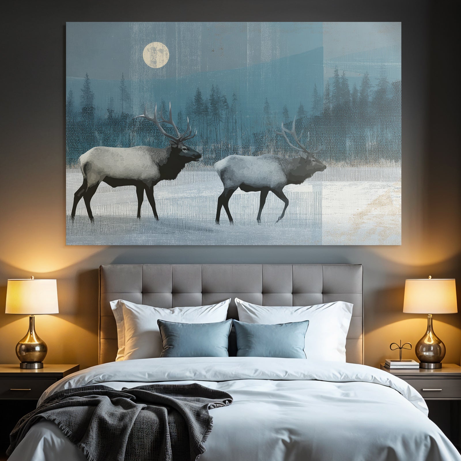 Rehe Im Schneelandschaft Bei Nacht Mit Mond Und Bäumen
