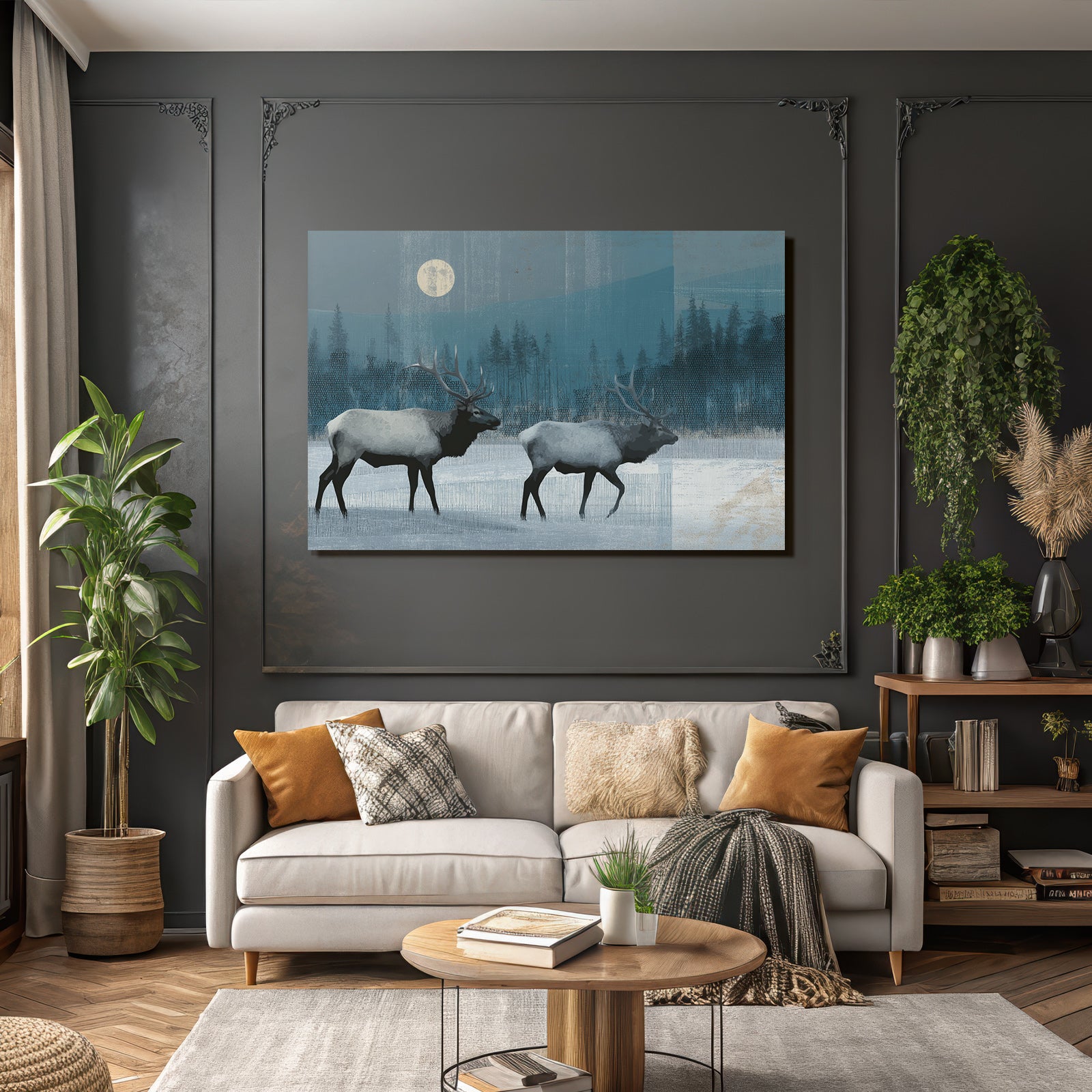 Rehe Im Schneelandschaft Bei Nacht Mit Mond Und Bäumen