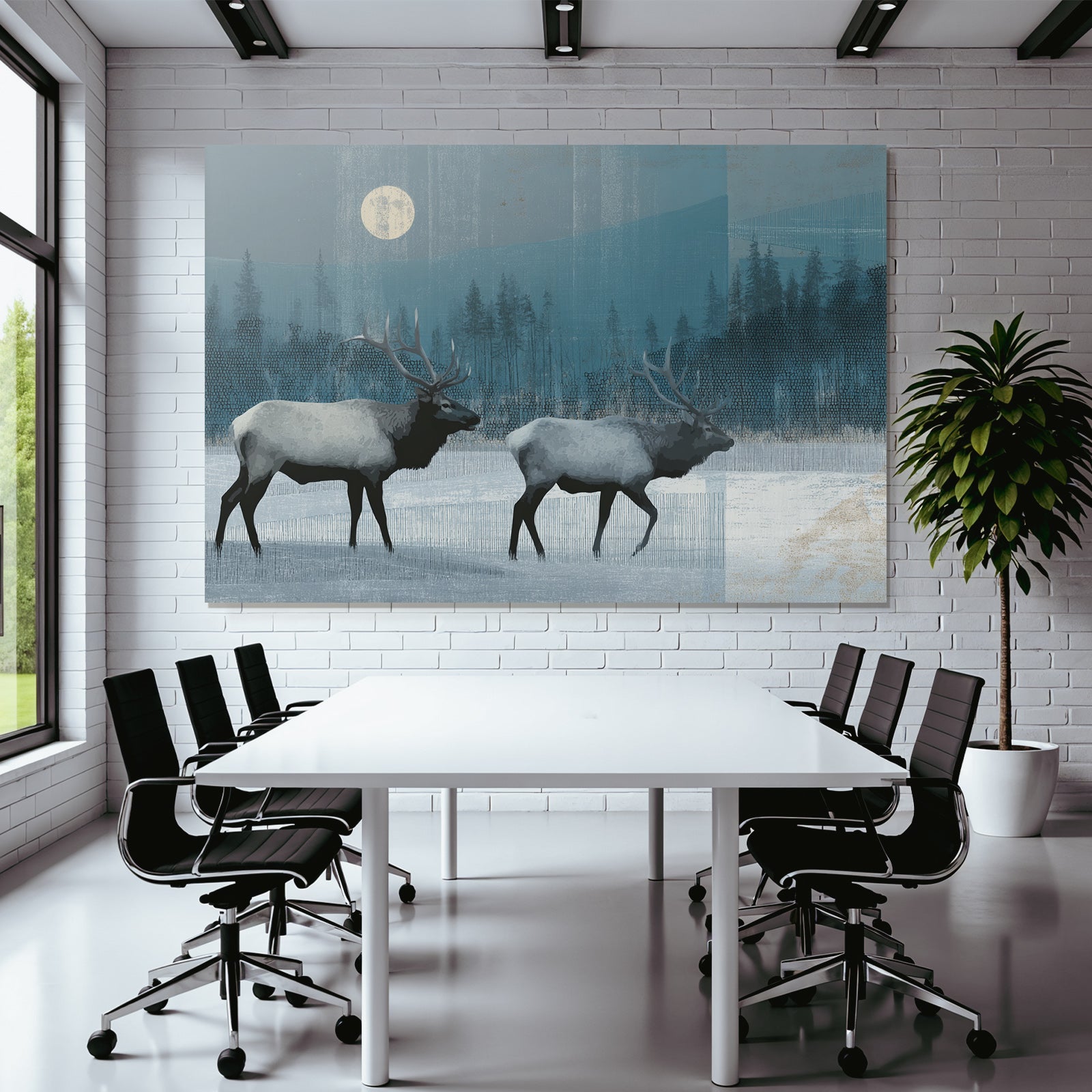 Rehe Im Schneelandschaft Bei Nacht Mit Mond Und Bäumen