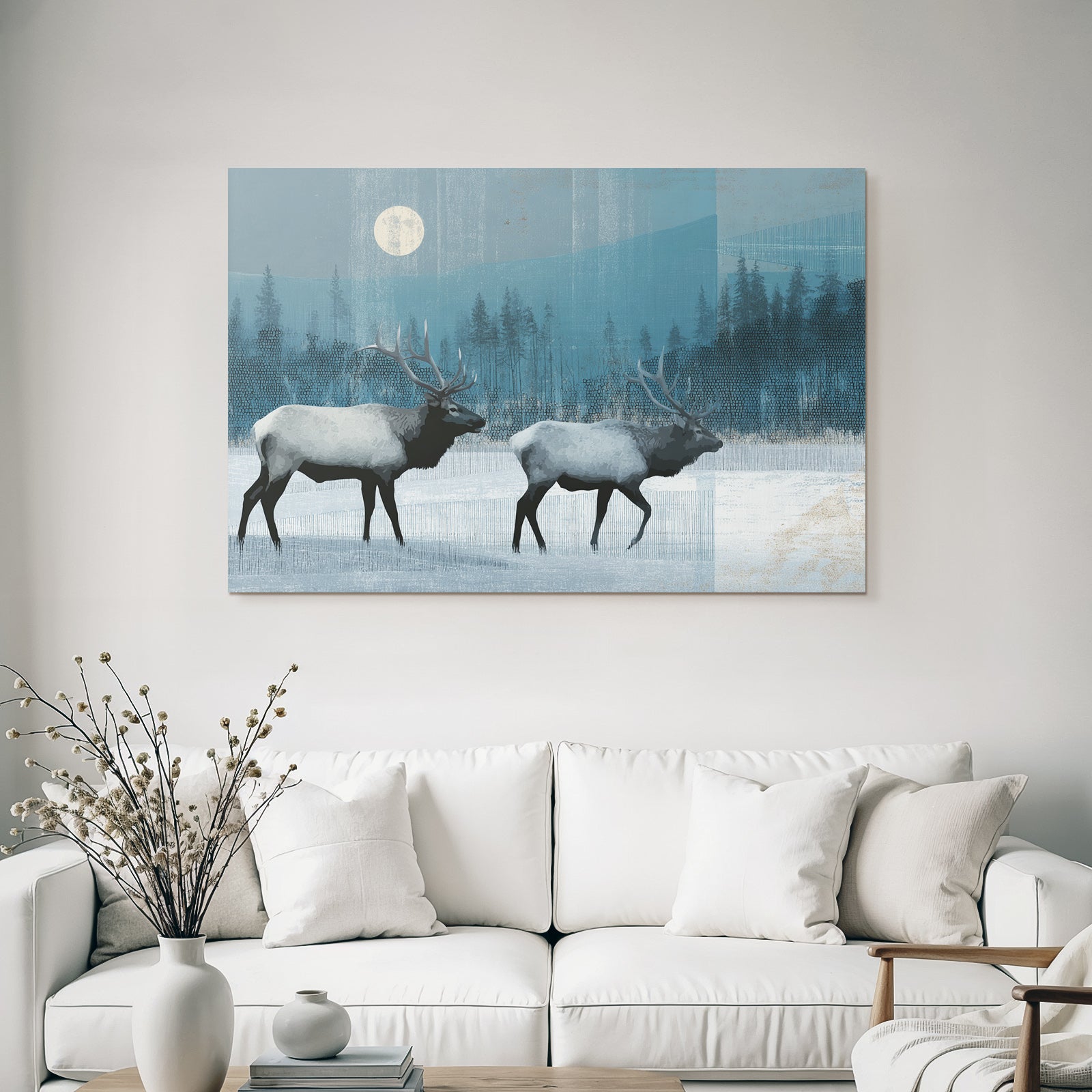 Rehe Im Schneelandschaft Bei Nacht Mit Mond Und Bäumen