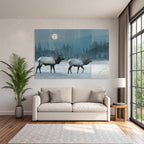 Rehe Im Schneelandschaft Bei Nacht Mit Mond Und Bäumen
