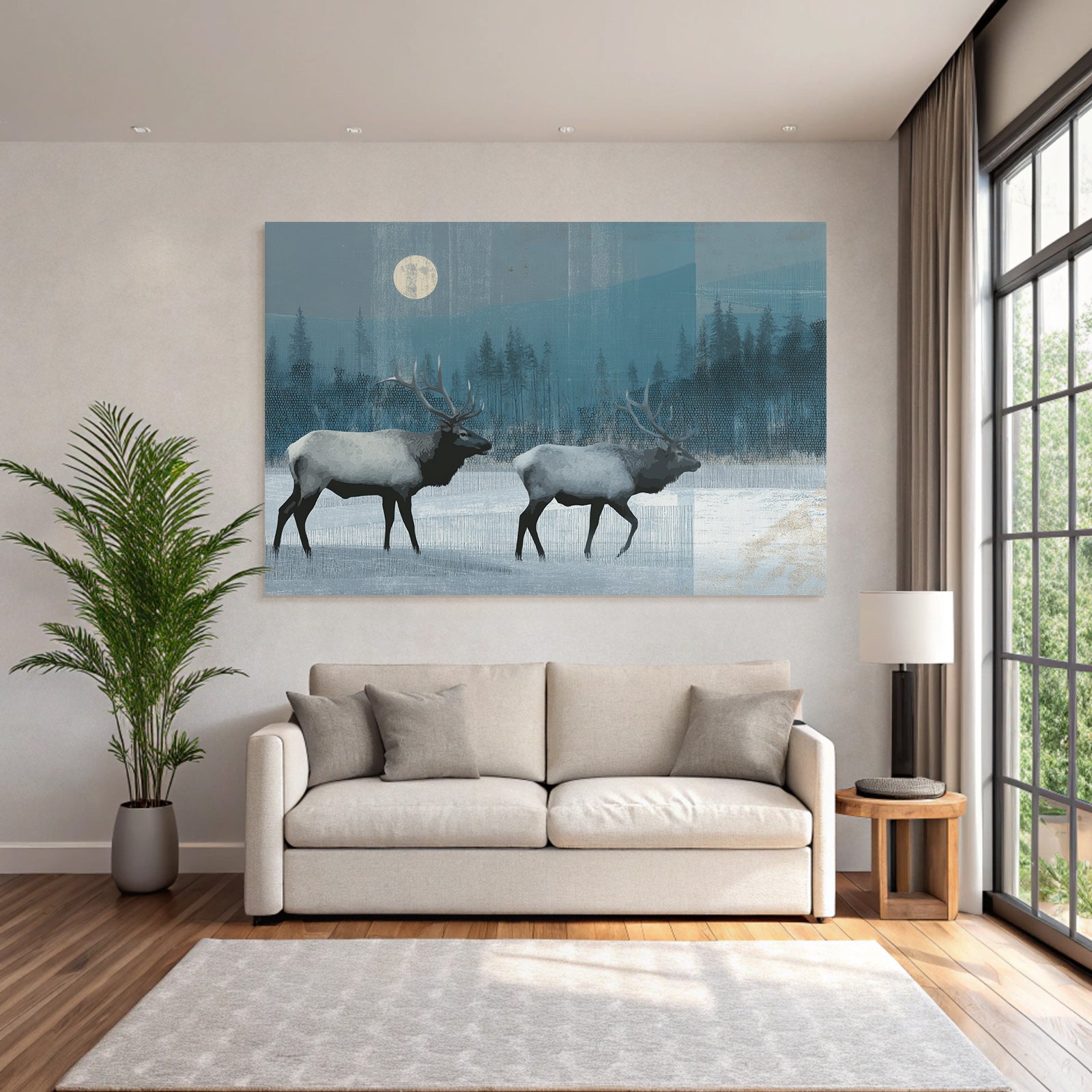 Rehe Im Schneelandschaft Bei Nacht Mit Mond Und Bäumen
