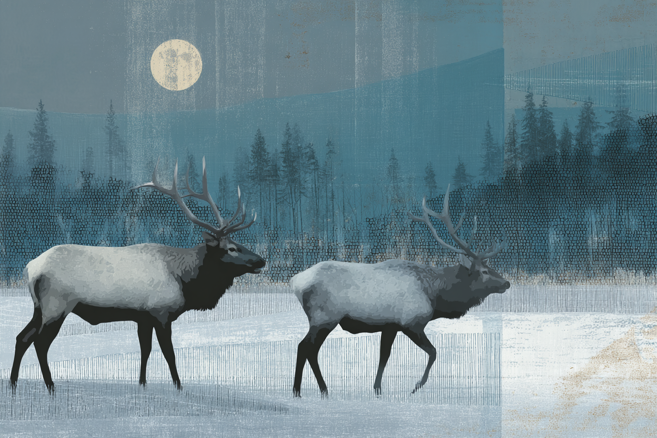 Rehe Im Schneelandschaft Bei Nacht Mit Mond Und Bäumen | Typografische Kunst | Kunstgattungen